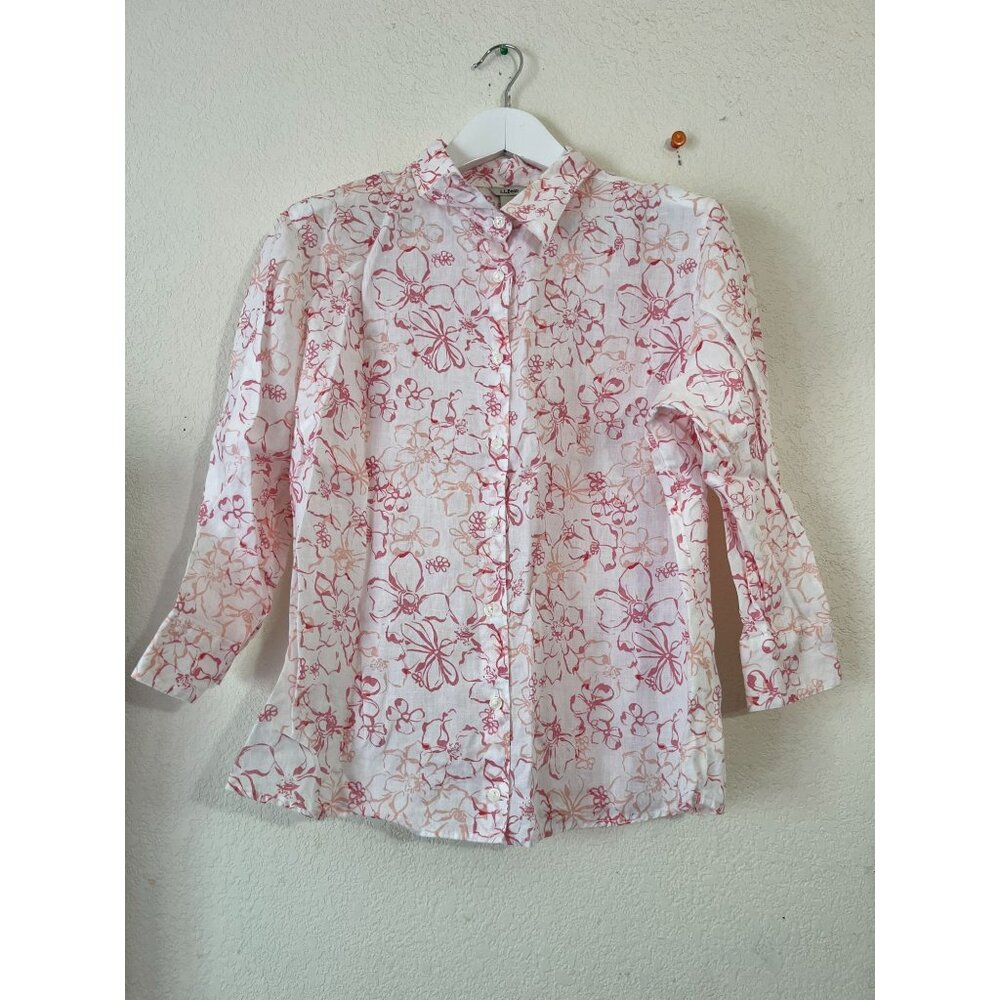 L.L. Bean Womens Floral Linen Shirt XL Button Down 3/4 Sleeve Casual Lightweight